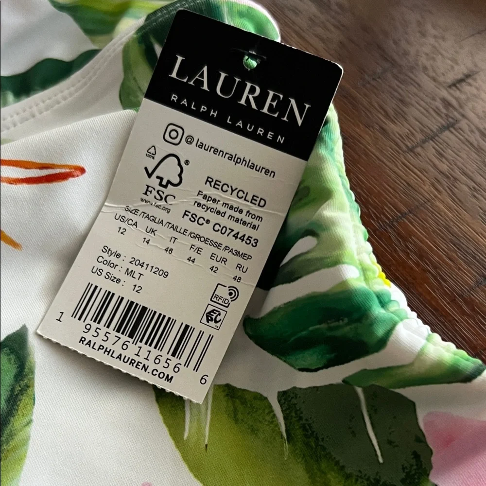 NWT Ralph Lauren Women’s Tropical White and Green Leaf Print Swimsuit Size 12
